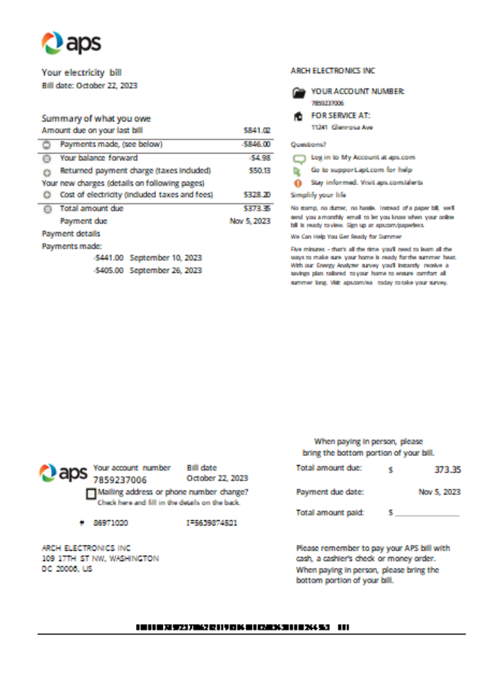 Arizona APS electricity proof of address utility business bill SCR PSD template